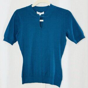 Milly Twist Front Knit Top Peacock Blue Keyhole Short Sleeve Size P(XS) NWT